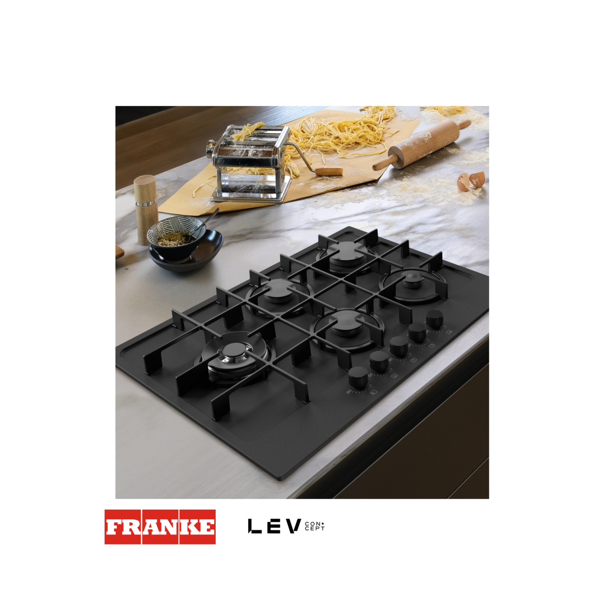 Estufa a gas Franke Maris FHMA 755 75cm — Negro mate 5 hornillas dual GLP/Natural