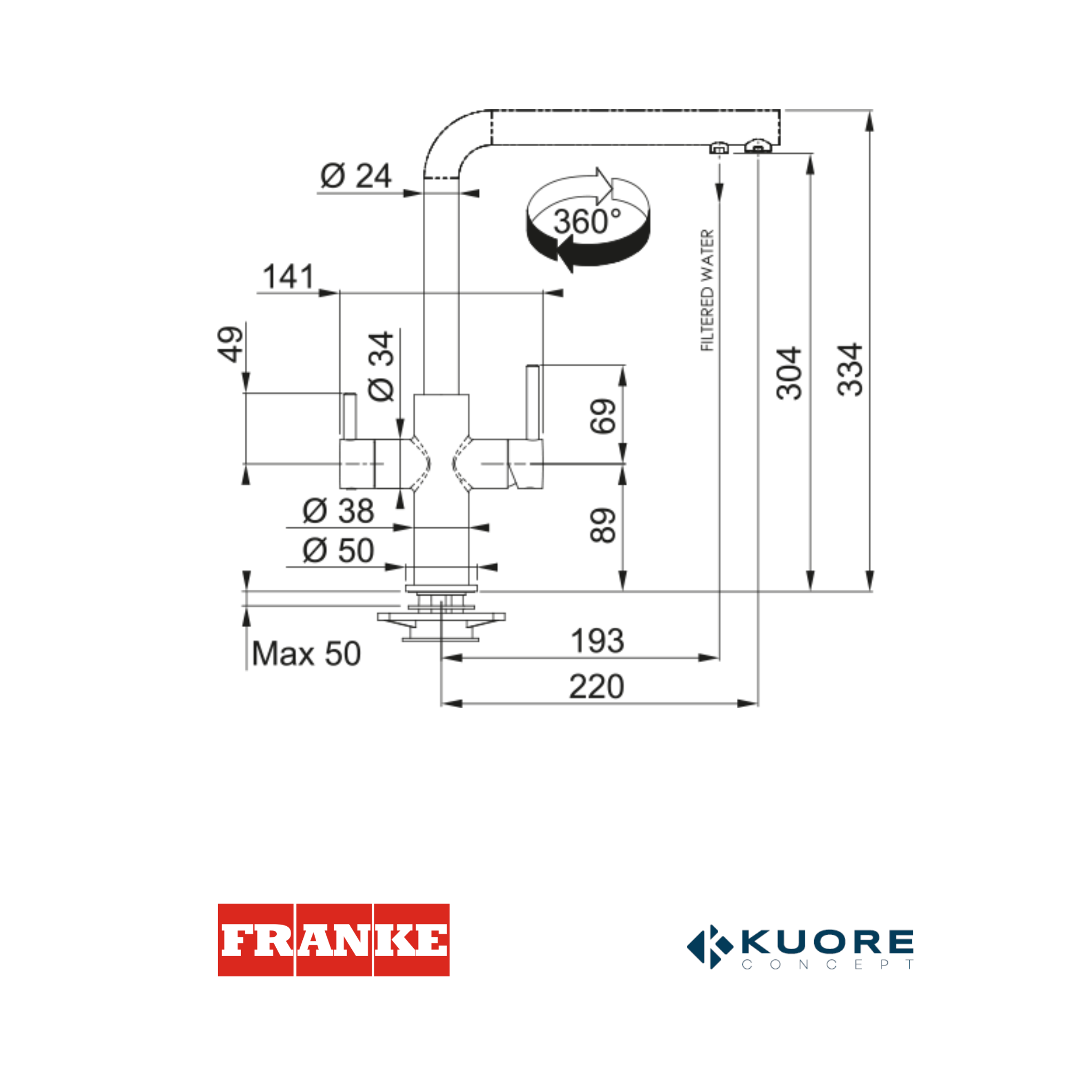 FRANKE- Grifo mezclador acero 3 vías - NEPTUNE CLEAR - 1150370689